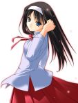  00s 1girl adjusting_hair black_hair blue_eyes bow flat_chest hairband long_hair long_skirt looking_at_viewer looking_back red_skirt ribbon rokuwata_tomoe simple_background skirt solo sparkle tohno_akiha tsukihime white_background 