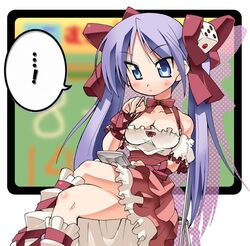  1girl blue_eyes blue_hair cosplay crossover di_gi_charat dice hair_ribbon handheld_game_console hiiragi_kagami lucky_star nintendo_ds playing_games purple_hair ribbon shinozuka_atsuto solo twintails usada_hikaru usada_hikaru_(cosplay) video_game 