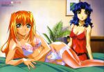  1999 2girls 90s bed blonde_hair bra excel excel_saga fang garter_belt green_eyes highres hyatt ishino_satoshi lingerie lying multiple_girls nightgown official_art panties smile thigh-highs underwear underwear_only 