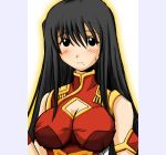  1girl :3 armlet bangs bare_shoulders black_eyes black_hair blush breasts broccoli_(company) china_dress chinese_clothes cleavage cleavage_cutout cosplay dress galaxy_angel gem genshiken hair_between_eyes impossible_clothes impossible_dress jewelry large_breasts light_smile long_hair looking_at_viewer mole mole_under_eye mole_under_mouth oono_kanako outline pillarboxed ranpha_franboise ranpha_franboise_(cosplay) red_dress smile solo sweatdrop taut_clothes taut_dress turtleneck 
