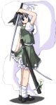  1girl bloomers blue_eyes dual_wielding female flower frills from_behind frown full_body ghost grey_eyes hairband hitodama holding katana kneepits konpaku_youmu konpaku_youmu_(ghost) looking_back mary_janes no_nose oekaki shadow sheath shoes short_hair silver_hair skirt skirt_lift socks solo standing sword touhou tyokan underwear vest weapon 