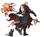  1boy axe back bald belt boots cat dante_(granblue_fantasy) fire gloves granblue_fantasy hood minaba_hideo official_art red_eyes solo transparent_background weapon 