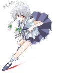  1girl between_fingers braid female izayoi_sakuya knife maid seo_tatsuya short_hair silver_hair solo touhou twin_braids 