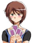  00s 1girl blush brown_hair card casual heterochromia holding holding_card older rozen_maiden short_hair solo souseiseki 