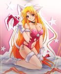  00s 1girl animal_ears blonde_hair breasts broccoli_(company) brown_eyes cat_ears cat_tail cleavage galaxy_angel garters kaiga large_breasts legs long_legs paws ranpha_franboise solo tail thighs 