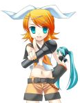  2girls :d bad_id bangs belt buckle cowboy_shot detached_sleeves eko foreshortening hair_ornament hair_ribbon hairclip hatsune_miku holding kagamine_rin long_sleeves looking_at_viewer microphone midriff multiple_girls navel number open_mouth pointing pointing_at_viewer ribbon short_sleeves smile stomach swept_bangs tattoo twintails vocaloid 