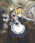  1girl akiyama_nenehisa alice_(wonderland) alice_in_wonderland blonde_hair blue_eyes caterpillar caterpillar_(wonderland) glass hairband hat hookah mad_hatter maid old_man top_hat waitress 