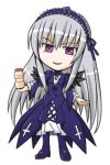  &gt;:) 00s 1girl chibi cross date_(hoshikariza) dress full_body headdress holding inverted_cross layered_dress long_hair looking_at_viewer lowres purple_dress ringed_eyes rozen_maiden silver_hair simple_background smile solo standing suigintou violet_eyes white_background yakult 