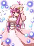  1girl arm_up bangs crescent crescent_hair_ornament danmaku dress eyebrows eyebrows_visible_through_hair female hair_ornament hair_ribbon hat long_hair long_sleeves looking_at_viewer mob_cap patchouli_knowledge purple_hair ribbon side_ponytail simple_background solo touhou tress_ribbon violet_eyes 