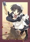  1girl :d black_eyes black_hair broom holding holding_broom leaf maid maid_headdress mitsumi_misato open_mouth original pantyhose smile solo 