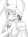  2girls animal_ears blush breasts dress female inaba_tewi minigirl monochrome multiple_girls natsumi_akira rabbit_ears reisen_udongein_inaba touhou upper_body white_background 