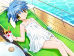  00s 1girl animal_ears bangs blue_hair chair galaxy_angel green_eyes looking_at_viewer lounge_chair lying mint_blancmanche parfait short_hair smile solo yellow_eyes 