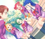  5girls :d :o akimoto_komachi bench black_legwear blonde_hair blue_eyes blue_hair bow brown_eyes brown_hair coco_(precure_5) coco_(yes!_precure_5) creature dutch_angle green_eyes green_hair instrument kasugano_urara_(yes!_precure_5) kneehighs long_hair minazuki_karen multiple_girls natsuki_rin open_mouth pink_eyes pink_hair precure purple_shirt purple_skirt red_bow red_eyes school_uniform serafuku shirt short_hair skirt smile trumpet twintails two_side_up uni yes!_precure_5 yumehara_nozomi 