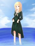  1girl bird blonde_hair clouds feet_in_water long_hair long_sleeves ocean school_uniform serafuku shima-shuu skirt skirt_lift sky smile soaking_feet solo sparkle violet_eyes wading water 