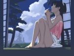  1girl bare_shoulders barefoot black_hair cup drinking drinking_glass looking_up muted_color ponytail short_hair sitting solo takamichi tree window 
