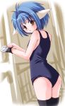  00s 1girl animal_ears bangs blue_hair dutch_angle galaxy_angel gloves indoors looking_at_viewer looking_back mint_blancmanche one-piece_swimsuit school_swimsuit shinshin short_hair solo swimsuit thigh-highs 