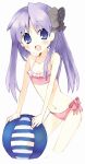  :o ball beachball bikini blue_eyes blue_hair blush flat_chest hiiragi_kagami leaning_forward long_hair lucky_star midriff open_mouth purple_hair shinonome swimsuit twintails violet_eyes wading water 