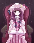  1girl book bow chair crescent crescent_moon dress female hair_ribbon hat holding holding_book library light_particles long_hair moon open_book patchouli_knowledge pink_bow purple_hair ribbon shirogane_hina sitting solo striped striped_dress touhou tress_ribbon twintails vertical_stripes violet_eyes 