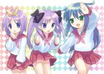  3girls :d ahoge blue_eyes blue_hair cowboy_shot green_eyes hiiragi_kagami hiiragi_tsukasa izumi_konata long_hair long_sleeves lucky_star multiple_girls open_mouth pink_hair pleated_skirt red_ribbon red_skirt ribbon school_uniform serafuku short_hair siblings sisters skirt smile standing twins very_long_hair violet_eyes 