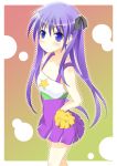  1girl bare_shoulders blue_eyes blue_hair border cheerleader collarbone dress gradient gradient_background hiiragi_kagami long_hair looking_at_viewer lucky_star multicolored_background purple_hair shio sleeveless sleeveless_dress solo standing star twintails 