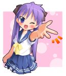  blue_eyes blue_hair hiiragi_kagami long_hair lucky_star purple_hair ramble school_uniform serafuku tsurime twintails wink 