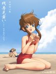  0-jirow 1boy 2girls afterimage angelic_layer artist_name barefoot beach bikini blue_eyes brown_hair circle_garyuu clouds feet kizaki_tamayo kobayashi_kotarou multiple_girls open_mouth sand seashell shell sitting sky suzuhara_misaki swimsuit wariza zan_amagi 