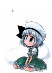  1girl beret blue_eyes blue_hair dress female floating full_body ghost green_dress hat hitodama konpaku_youmu konpaku_youmu_(ghost) puffy_short_sleeves puffy_sleeves short_sleeves silver_hair simple_background sitting solo tao tao_(kadoya) touhou wariza white_background 