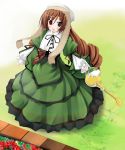  00s 1girl :d black_ribbon blush bonnet brown_hair dress drill_hair flower from_above full_body green_dress green_eyes heterochromia holding kiriya_haruhito lolita_fashion long_hair long_sleeves looking_at_viewer neck_ribbon open_mouth outdoors red_eyes ribbon rozen_maiden smile solo standing suiseiseki twin_drills very_long_hair watering_can 
