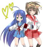  2girls blue_hair brown_hair cosplay costume_switch crossover green_eyes heart hirano_aya hizu ichiya_(obey) izumi_konata lucky_star multiple_girls school_uniform seiyuu_connection serafuku short_hair suzumiya_haruhi suzumiya_haruhi_no_yuuutsu 