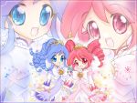  2girls :d blue_eyes blue_hair border dress drill_hair fine fushigiboshi_no_futago_hime holding multiple_girls musical_note open_mouth prominencedressup red_eyes redhead rein smile twin_drills twintails wallpaper 