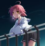  1girl akinoko cigarette kogami_akira long_sleeves lowres lucky_star no_legwear oversized_clothes redhead school_uniform serafuku smoking solo yellow_eyes 