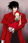  00s 1boy 1girl alucard_(hellsing) ascot black_hair blonde_hair blue_eyes bonnet bow bowtie crossover doll drill_hair formal green_bow green_bowtie hellsing holding long_hair long_sleeves looking_at_viewer red_eyes rozen_maiden shinku sidelocks sitting size_difference suit tousen twintails very_long_hair 