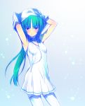  1girl armpits arms_up blush choker dress flat_chest green_eyes higurashi_no_naku_koro_ni long_hair ponytail puyo small_breasts solo sonozaki_mion thigh-highs undressing white_legwear zettai_ryouiki zipper 