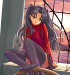  1girl arm_support bangs bird black_hair black_legwear blue_eyes chair clouds dutch_angle ears fate/stay_night fate_(series) feet female foreshortening hair_intakes hair_ribbon head_tilt indoors knees lake leg_lift legs long_hair long_legs long_sleeves looking_at_viewer parted_lips q-gaku red_shirt ribbon shadow shirt sitting skirt smile solo sunset thigh-highs thighs toes tohsaka_rin turtleneck twintails two_side_up type-moon wall water wavy_hair window zettai_ryouiki 