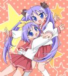  2girls :d :o blue_eyes blue_hair blush hiiragi_kagami hiiragi_tsukasa kneehighs long_sleeves lucky_star multiple_girls open_mouth pleated_skirt polka_dot polka_dot_background red_skirt sailor_collar school_uniform serafuku shirt siblings sisters skirt smile standing star tareme twins white_legwear white_shirt 