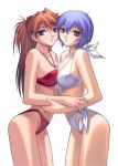  2girls arm_grab artist_request ayanami_rei bikini blue_eyes blue_hair breast_press breasts cleavage erect_nipples long_hair multiple_girls neon_genesis_evangelion red_eyes redhead short_hair shy side-tie_bikini smile souryuu_asuka_langley swimsuit symmetrical_docking yuri 