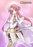  1girl :o aty aty_(summon_night) belt blue_eyes blush boots brooch coat dress hat holding jewelry long_hair miniskirt panties pink_hair redhead skirt solo summon_night summon_night_3 sword thigh-highs thigh_boots underwear weapon white_legwear white_panties yuuki_hagure zettai_ryouiki 