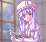  1girl akiyasu bangs blue_ribbon blunt_bangs book crescent crescent_hair_ornament dress female full_moon hair_ornament hair_ribbon hat indoors long_sleeves mob_cap moon orange_eyes patchouli_knowledge purple_hair red_ribbon ribbon solo striped striped_dress touhou touhuya upper_body window 