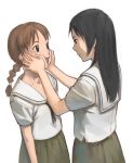  2girls b_suke black_hair braid brown_hair cheek_squash hands_on_another&#039;s_face multiple_girls original school_uniform serafuku simple_background single_braid skirt white_background 