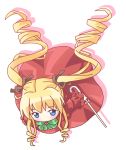  00s 1girl blonde_hair blue_eyes bow bowtie chibi dress drill_hair flying from_above full_body green_bow green_bowtie long_sleeves looking_at_viewer mirai_(sugar) red_dress rozen_maiden shinku sidelocks simple_background solo twin_drills twintails white_background 