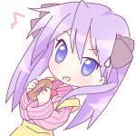  1girl blue_eyes blue_hair chibi doughnut food hiiragi_kagami long_hair lucky_star mirai_(sugar) no_pupils open_mouth purple_hair simple_background solo tsurime white_background 