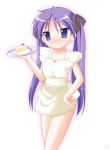  1girl apron blue_eyes blue_hair blush breasts cake cleavage collarbone embarrassed food gradient gradient_background hair_ribbon hand_on_hip hiiragi_kagami hips long_hair lucky_star naked_apron pastry purple_hair ribbon rodori_gesu simple_background small_breasts solo tsurime twintails violet_eyes 