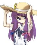  1girl bow female gengorou hat patchouli_knowledge pink_bow ribbon see-through solo straw_hat touhou 