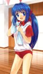  1girl :d alternate_hairstyle blue_eyes blue_hair blush buruma gym_uniform hair_intakes hair_ribbon holding kanon key_(company) long_hair minase_nayuki mutsuki_(moonknives) open_mouth ponytail ribbon shirt short_sleeves smile solo towel towel_around_neck very_long_hair wooden_floor 