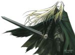  1girl blonde_hair claymore claymore_(sword) cloak grey_eyes holding holding_sword holding_weapon irene long_hair one_eye_covered pointy_ears solo strap sword weapon white_background 