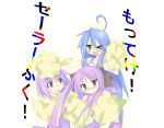  3girls blue_eyes blue_hair cheerleader green_eyes hiiragi_kagami hiiragi_tsukasa izumi_konata kanikama lucky_star multiple_girls pom_poms purple_hair siblings sisters twins 