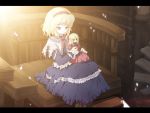  1girl alice_margatroid armchair bangs blonde_hair blue_dress boots bow capelet chair cross-laced_footwear doll dress female frills hair_bow hairband hourai_doll indoors lens_flare letterboxed necktie red_dress red_eyes sitting solo sunlight tokiame touhou younger 