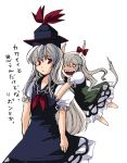  2girls bow dress dual_persona ex-keine fangs female green_hair hair_bow hat hat_ribbon horn_ribbon horns kamishirasawa_keine long_hair multiple_girls o_o red_eyes ribbon silver_hair smile tail tako_(plastic_protein) tears touhou translated translation_request 
