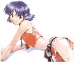  1girl 90s bandeau blue_hair bob_cut bracelet earrings fushigi_no_umi_no_nadia green_eyes highres jewelry loincloth lying midriff nadia neck_ring on_stomach pelvic_curtain sadamoto_yoshiyuki short_hair signature simple_background solo strapless tubetop vest white_background 