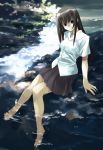  1girl back_cover barefoot feet_in_water matsumoto_noriyuki original pleated_skirt river school_uniform serafuku sitting skirt soaking_feet solo water 